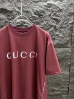 GUCCI A貨枣紅色白邊噴色圓領短袖T恤 厚實針織棉 2025春夏新款