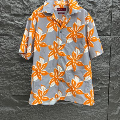 GUCCI 復刻版灰橘印花棉府綢襯衫 25SS春夏新品 珍珠母貝紐扣點綴