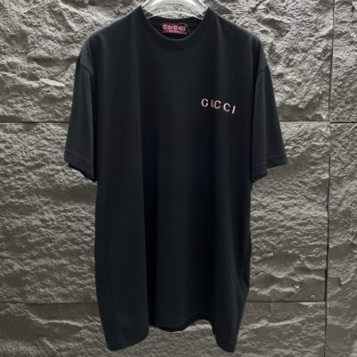 GUCCI 精品仿製黑色發泡印花短袖T恤 3D立體Logo 2025春夏新款
