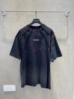 巴黎世家精品仿製廢土風雙環刺繡拼接短袖T恤寬鬆做舊男女同款2025新品