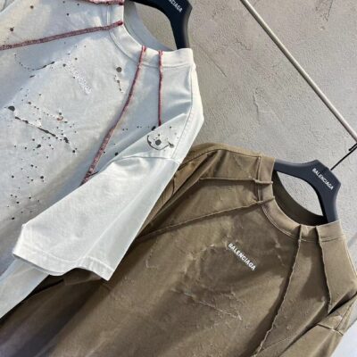 巴黎世家精品仿製廢土風雙環刺繡拼接短袖T恤寬鬆做舊男女同款2025新品