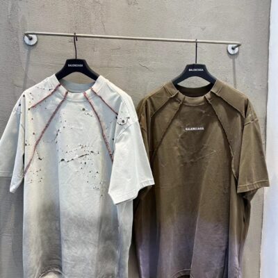 巴黎世家精品仿製廢土風雙環刺繡拼接短袖T恤寬鬆做舊男女同款2025新品