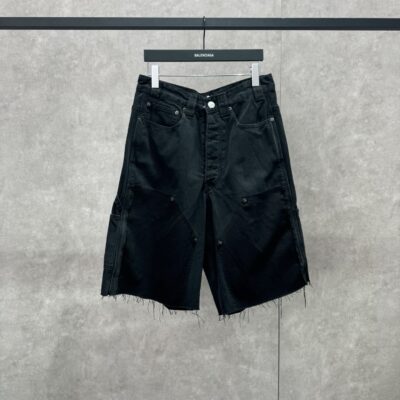 巴黎世家高仿Off貼布伐木牛仔短褲黑色做舊工藝粗獷質感2025秋冬新品