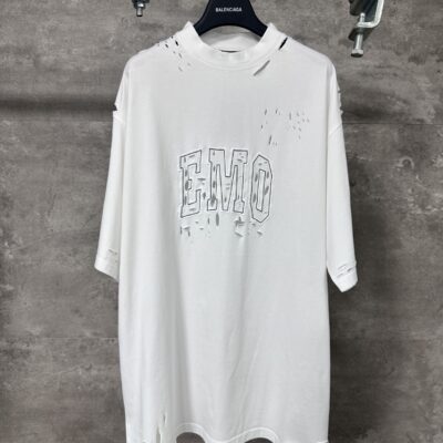巴黎世家情緒風高仿破洞刀割T恤短袖寬鬆男女同款純棉白色2025新品
