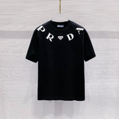 PRADA黑色短袖T恤2025春夏男女同款 高端重工字母LOGO