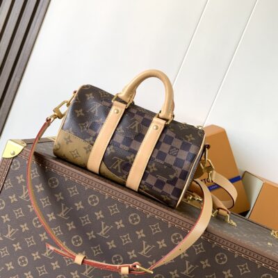 LV頂級原單Keepall Bandoulière 25手袋Monogram拼布帆布旅行肩背包M15428