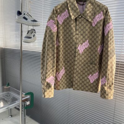 Gucci高仿25SS駝色深棕GG帆布亞麻混紡夾克 刺繡設計 時尚百搭