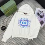 Gucci高仿白色25FW早秋方塊字母印花連帽衛衣 寬鬆休閒運