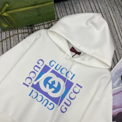 Gucci高仿白色25FW早秋方塊字母印花連帽衛衣 寬鬆休閒運