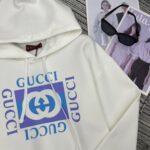 Gucci高仿白色25FW早秋方塊字母印花連帽衛衣 寬鬆休閒運