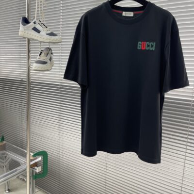 GUCCI 頂級原單25SS春夏新款黑色圓領短袖 高端訂制 品牌logo精工