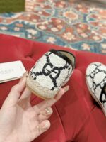 GUCCI高仿GG渔夫拖鞋 草編麻底早春女款經典條紋帆布平底鞋