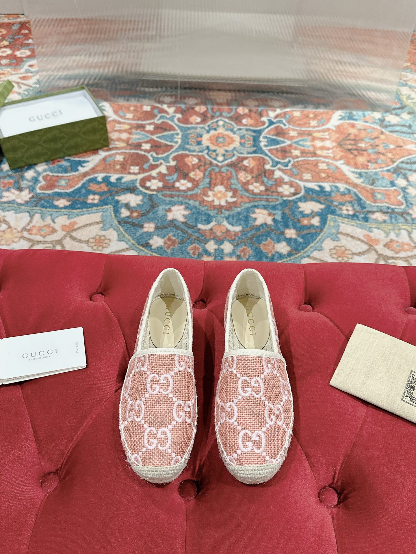 GUCCI原單草編拖鞋 女生GG條紋渔夫鞋 早春舒適帆布平底