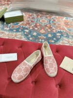 GUCCI原單草編拖鞋 女生GG條紋渔夫鞋 早春舒適帆布平底