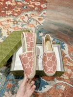 GUCCI原單草編拖鞋 女生GG條紋渔夫鞋 早春舒適帆布平底