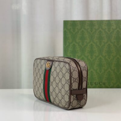 Gucci Savoy 760019 洗漱包 黑灰GG帆布 灰色皮革 高端原單