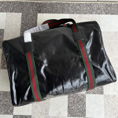 Gucci 758664 男士大號旅行包 GG水晶帆布 紅綠織帶