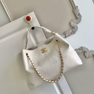 CHANEL香奈兒一比一拼色托特包白色金鏈條菱格紋法式時尚大容量AS5634
