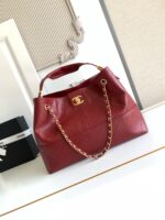 CHANEL香奈兒原單枣紅色拼色托特包金鏈條菱格紋法式優雅AS5634