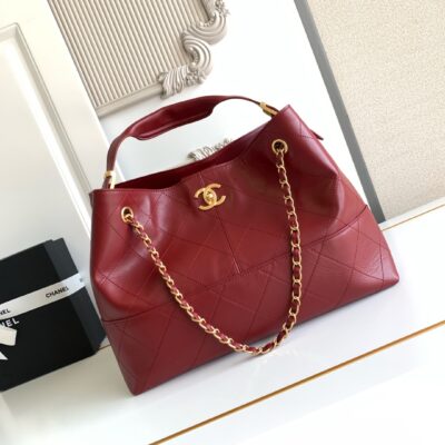 CHANEL香奈兒原單枣紅色拼色托特包金鏈條菱格紋法式優雅AS5634
