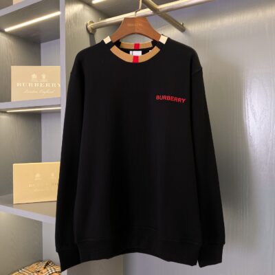 Burberry黑色微標格紋拼接棉質圓領衛衣 男女同款
