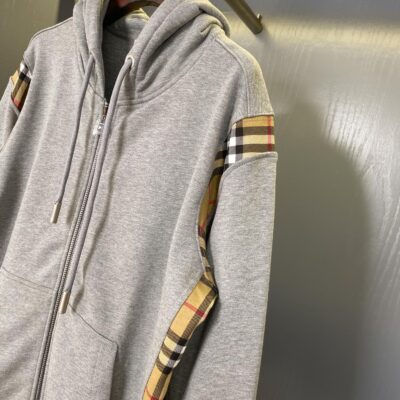 Burberry原單灰色Vintage格紋裁片棉質寬鬆拉鍊連帽衫 男女同款