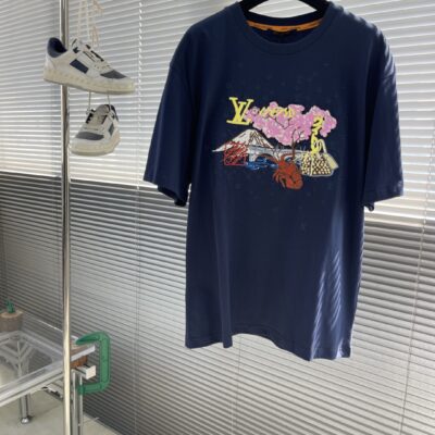 LV复刻藍色龍蝦刺繡圓領短袖時尚百搭2025新品法國奢華