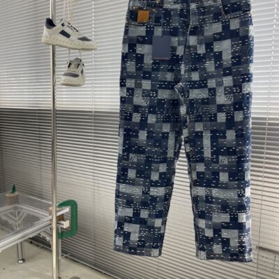 LV復刻版25SS滑板牛仔褲Damier格紋拼縫潮流百搭高仿男女同款