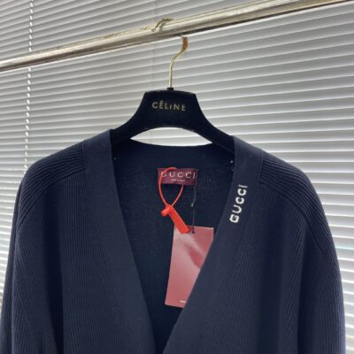 GUCCI 高仿嵌花針織開衫 藏藍色藝術提花時尚雅致