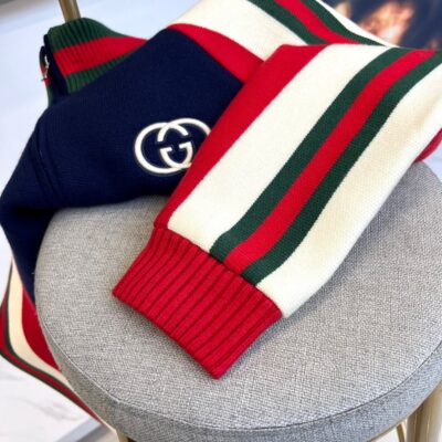 Gucci高仿深藍針織夾克 秋冬雙G刺繡立領金屬拉鏈 男女同款