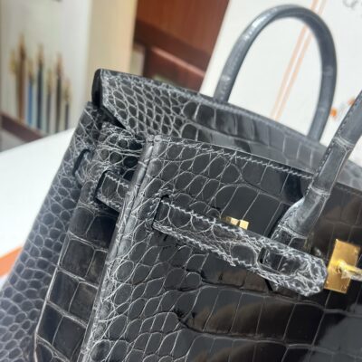 愛馬仕高仿鉑金25CM石墨灰金扣HCP高光鱷魚皮全手縫精品