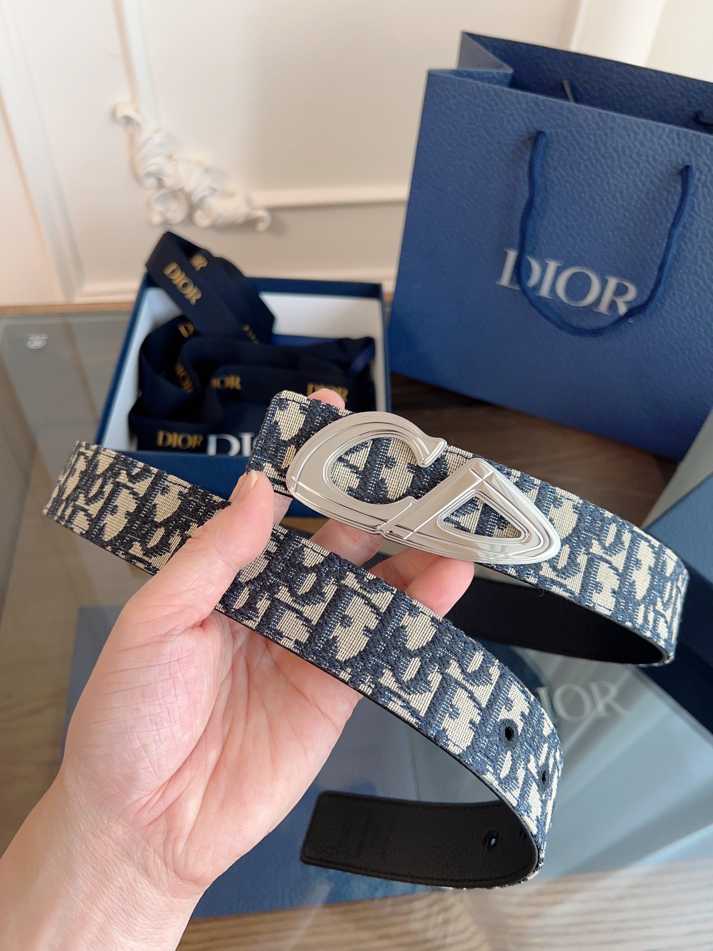 DIOR 迪奧 A貨女款腰帶3.5cm Oblique 黑布拼黑色牛皮 精品仿製