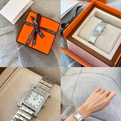 爱马仕高仿方形镶钻腕表女士款复刻版银色钢带精品