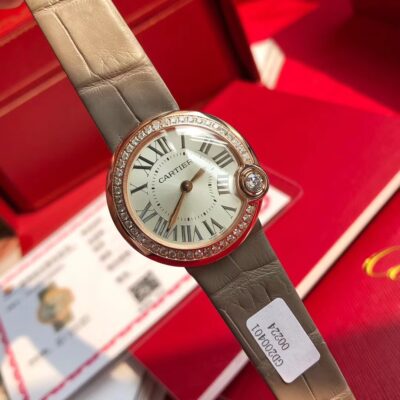 Cartier卡地亞高仿白氣球真鑽女錶 玫瑰金黑鱷魚皮30mm奢華新款