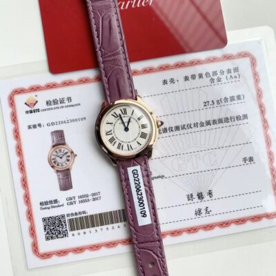 Cartier頂級原單Ronde Solo腕錶玫瑰金紫皮帶典雅女款精品手錶