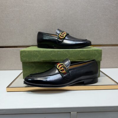 Gucci高仿男士樂福鞋黑色牛皮綠紅織帶設計精品紳士風