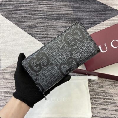 Gucci 高仿 GG長夾 黑灰經典紋路男士真皮錢包設計739484