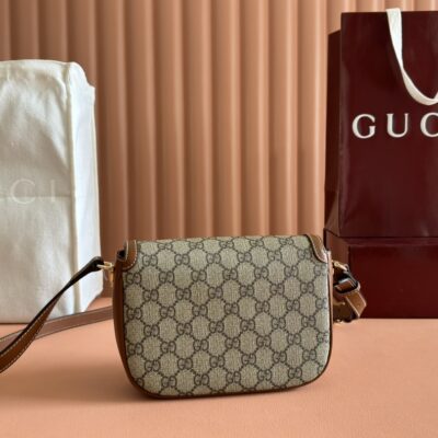 Gucci高仿1955馬銜扣包GG帆布拼焦糖皮新款復古優雅風