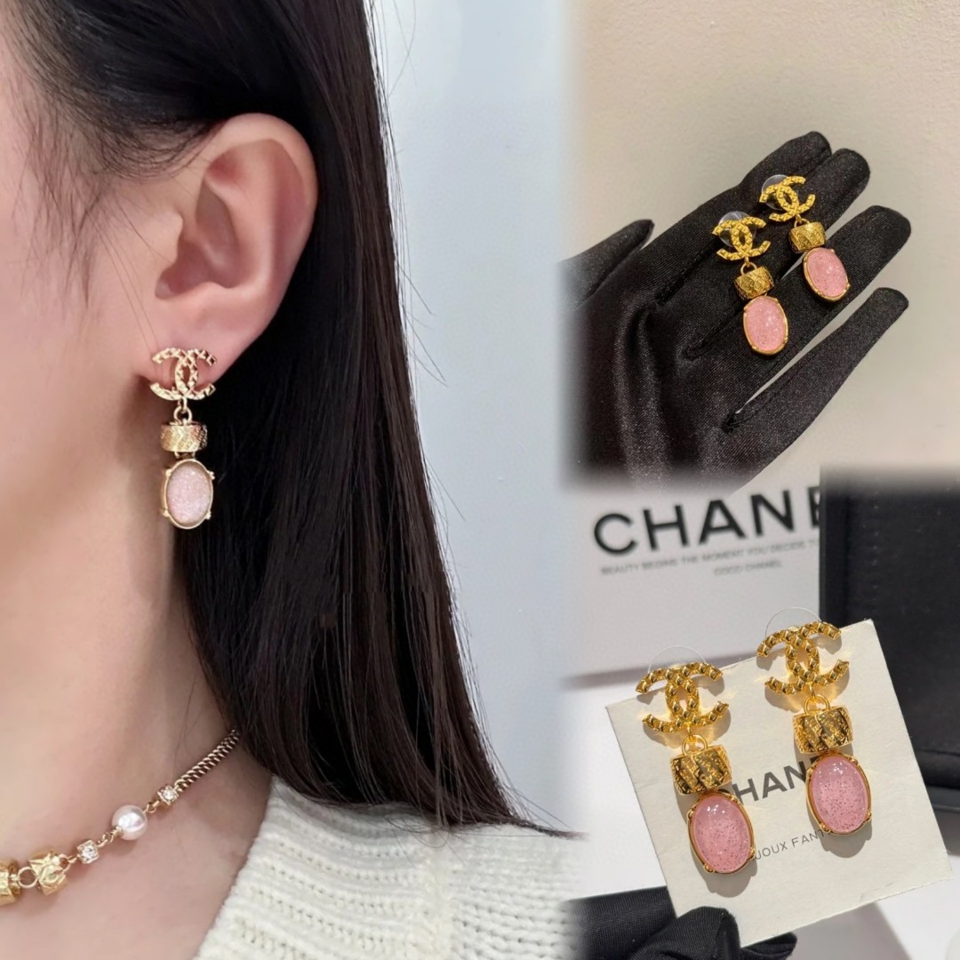 Chanel頂級原單雙C寶石耳環粉色設計甜美氣質百搭新款法式優雅飾品