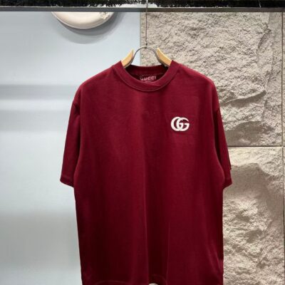 Gucci高仿短袖T恤酒紅圓領GG刺繡LOGO潮流百搭休閒上衣