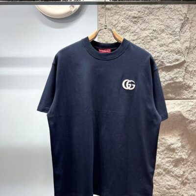 Gucci高仿短袖T恤深藍圓領GG刺繡LOGO簡約百搭休閒上衣