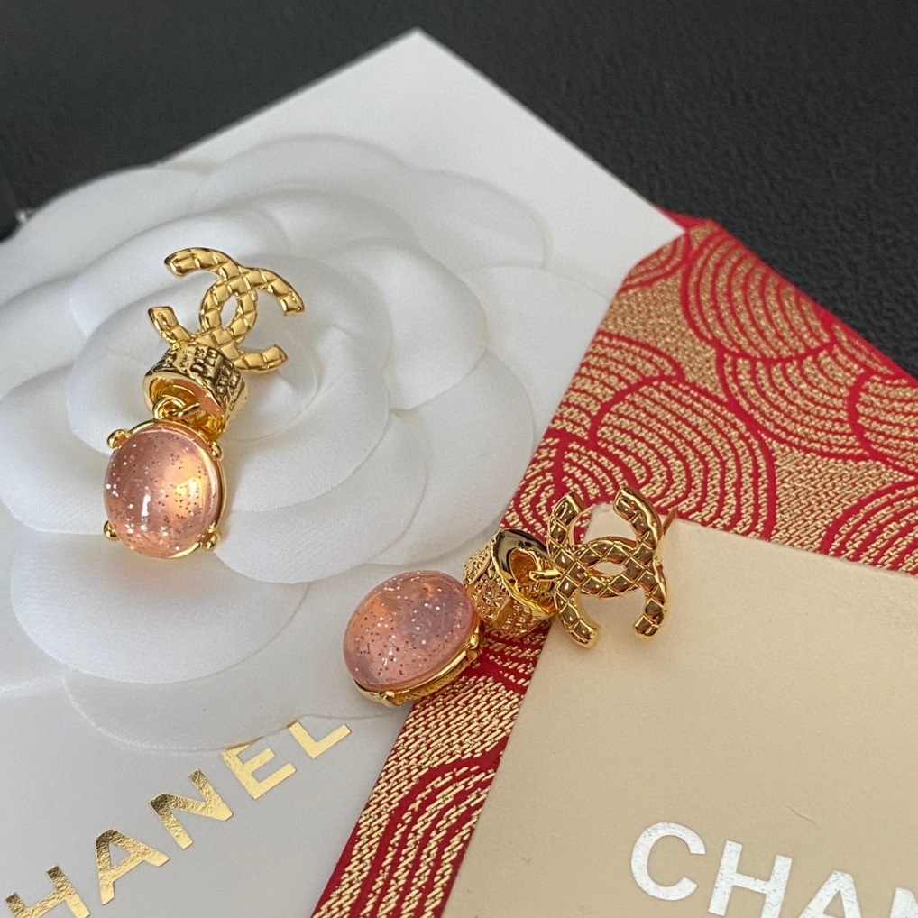 Chanel頂級原單雙C寶石耳環粉色設計甜美氣質百搭新款法式優雅飾品