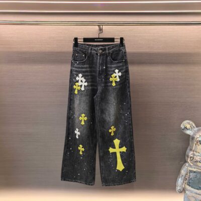 克羅心高仿牛仔褲多色十字印花寬鬆直筒設計潮流街頭個性風格