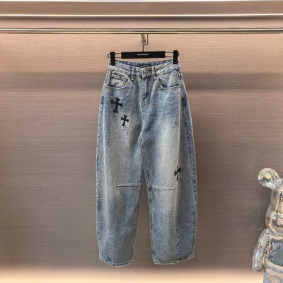 克羅心一比一牛仔褲十字刺繡做舊寬鬆版型潮流街頭高端風格設計