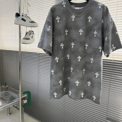 Chrome Hearts高仿短袖T恤灰色滿版十字花圖案寬鬆版型潮流街頭百搭男女同款