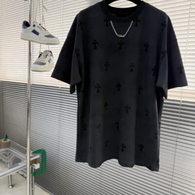 Chrome Hearts高仿短袖T恤黑色滿版十字花暗紋設計寬鬆版型街頭潮流百搭男女同款