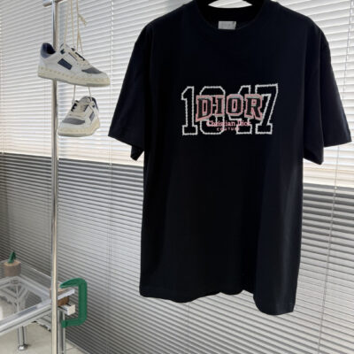 Dior高仿短袖T恤黑色107字母刺繡設計寬鬆版型潮流百搭休閒男女同款