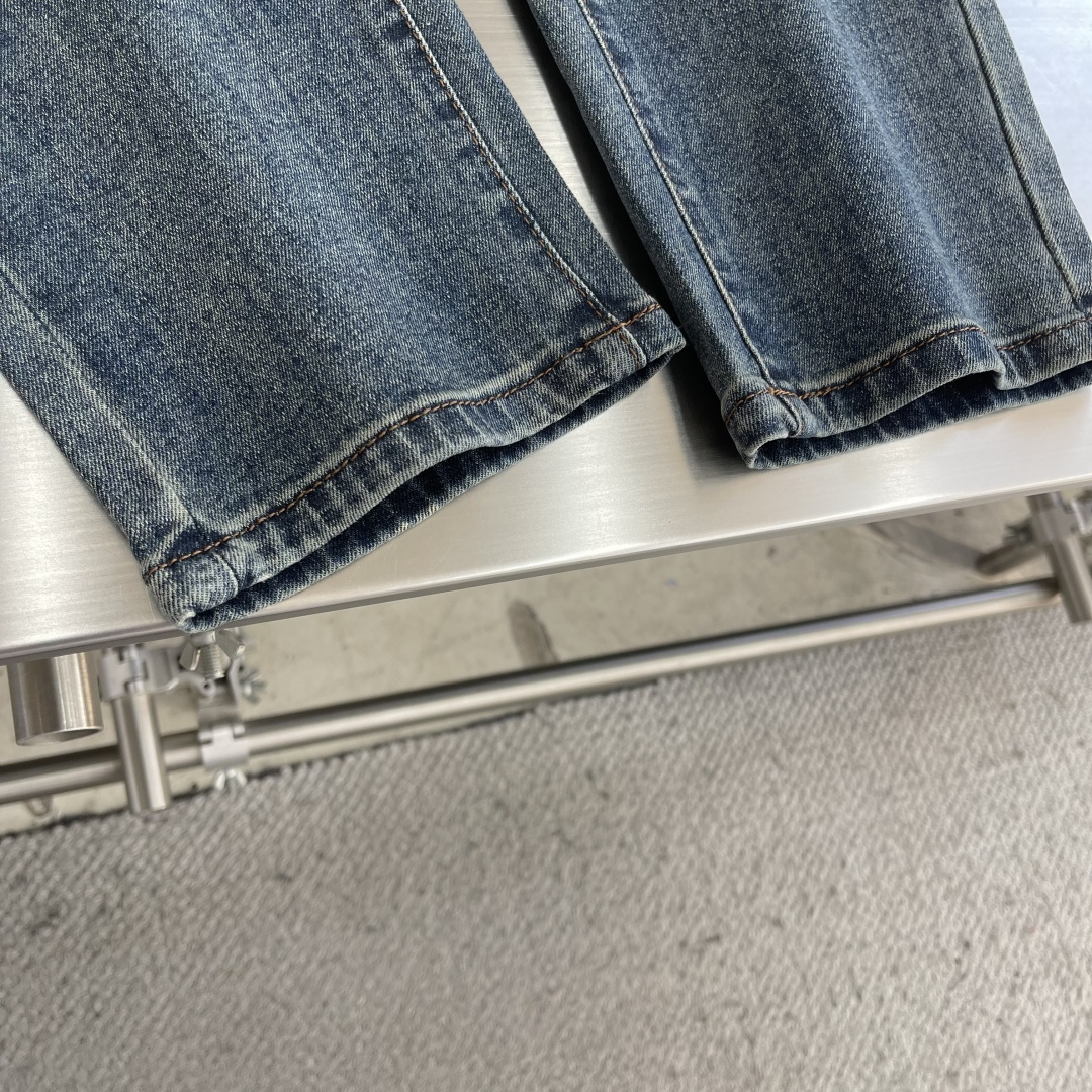 YSL高仿牛仔褲直筒修身刷色設計YSL刺繡標誌百搭休閒潮流男款長褲