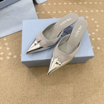 Prada高仿穆勒鞋尖頭拼接設計銀色鞋頭低跟拖鞋優雅時尚女鞋