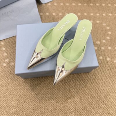 Prada高仿穆勒鞋薄荷綠拼接金屬尖頭低跟拖鞋清新時尚精品女鞋